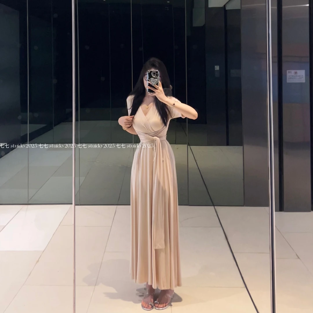 七七【柔娇美人】纯欲风温柔气质收腰显瘦绑带短袖修身连衣裙Q6333