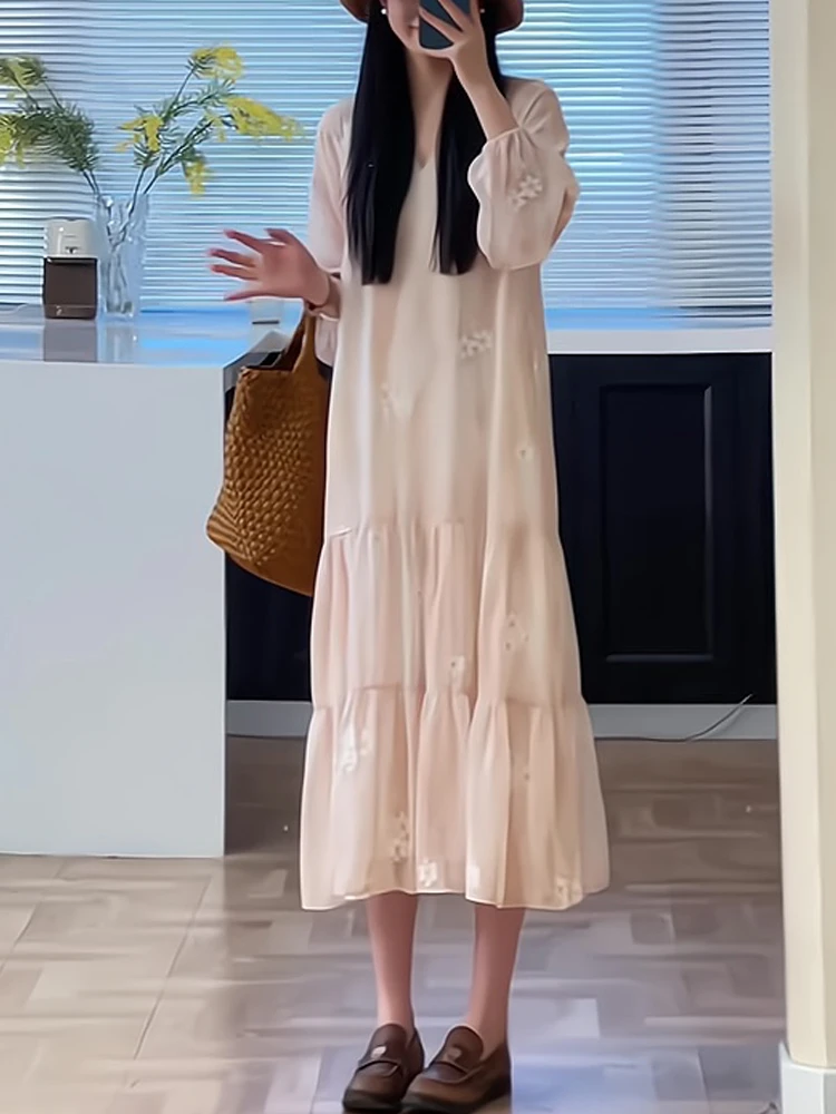 法式简约高级感休闲气质连衣裙女春秋设计感宽松气质印花洋气长裙