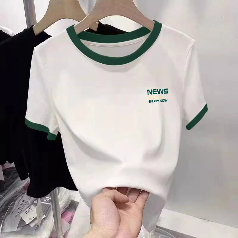 夏季新款正肩短袖t恤女撞色ins春秋洋气时尚百搭圆领白色印花上衣