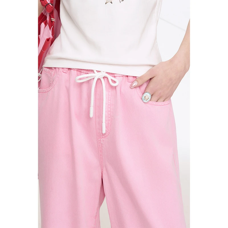 妖精的口袋浅色阔腿水洗牛仔裤女2025夏百搭宽松直筒裤子25210025