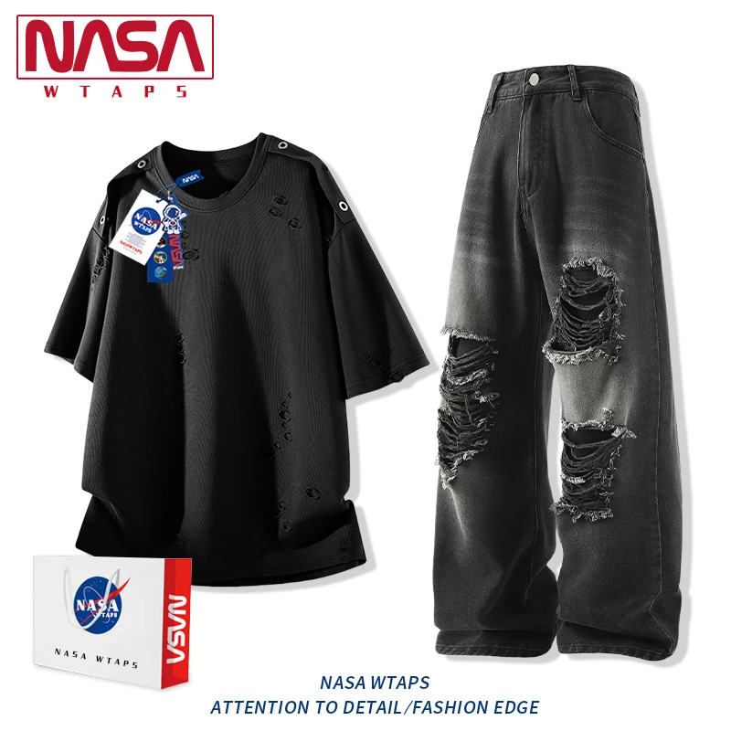 NASA WTAPS高级感短袖套装男款夏春秋季潮流破洞牛仔裤一整套装男