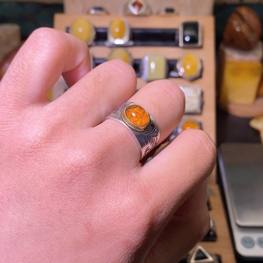琥珀戒指银S925镶嵌用****8