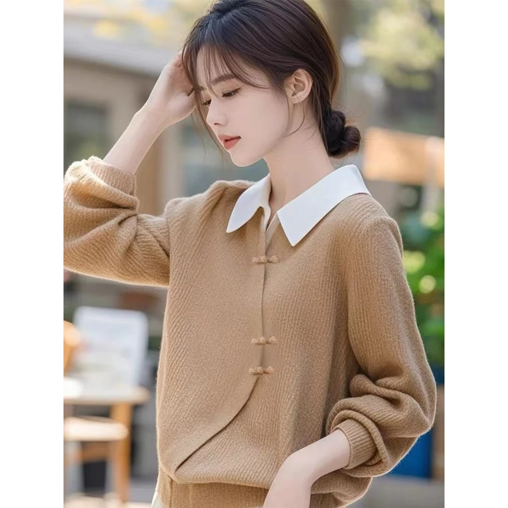 卡其色假两件翻领女2024秋冬新款新中式穿搭高级感