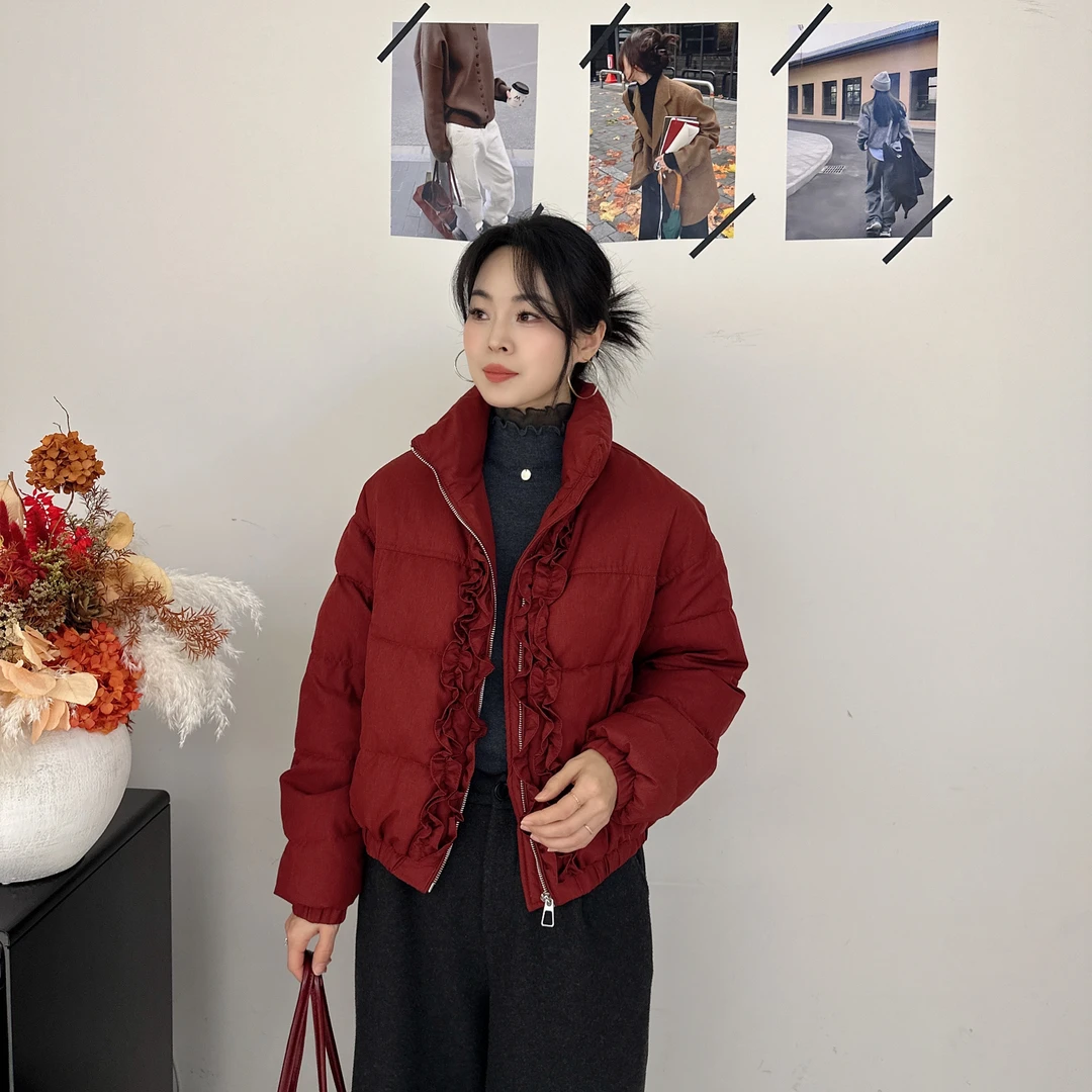 羽绒服短款立领木耳边拼接韩版设计感洋气保暖冬季白鸭绒女