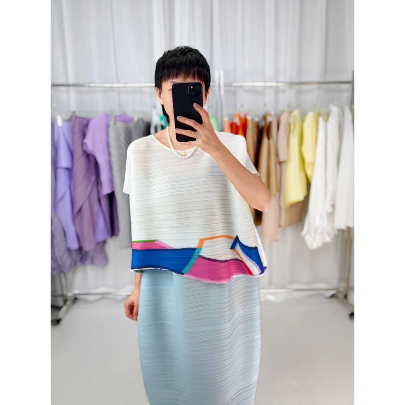 【夏三锦】褶皱印花色短袖上衣女2025新款百搭休闲气质宽松短袖tp