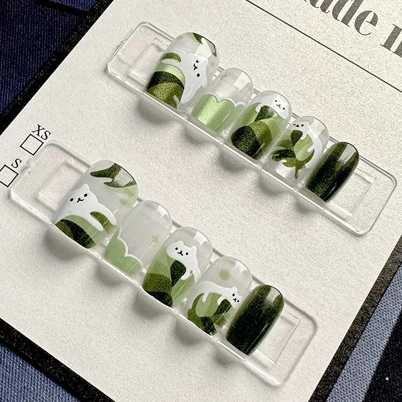 春夏款懒懒猫猫眼穿戴甲涂鸦卡通美甲贴贴纸片装饰绿色美甲片甲片