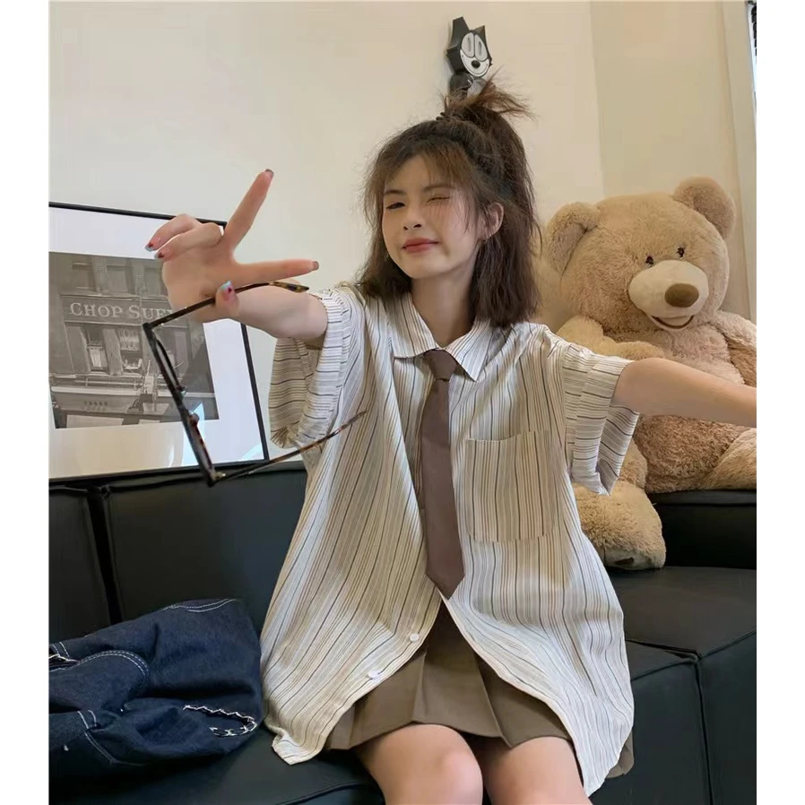 复古休闲短袖条纹衬衫百褶裙百搭显瘦百搭衬衣潮女学生含领带5712