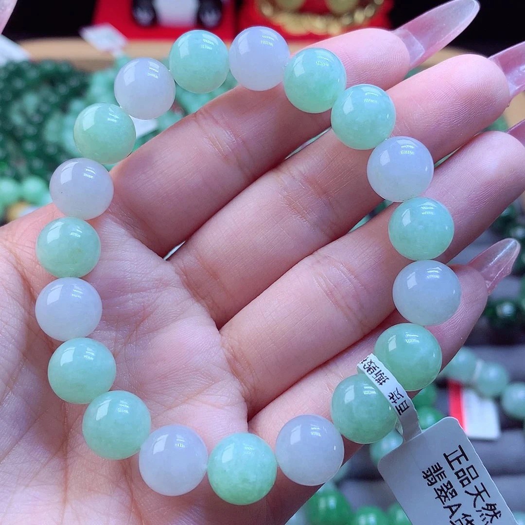 正品天然缅甸A货翡翠 老坑翡翠手串女款渐变单圈玉手串绿色 卡10+