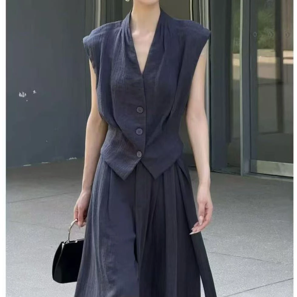 「思思」2025夏日天丝亚麻V领上衣+高腰阔腿裤套装SHBZWM651870