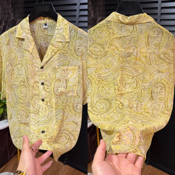 8333夏款薄料短袖古巴领男士小花衫青春潮流短袖短款时尚穿搭衬衫