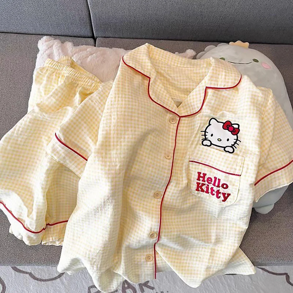 儿童睡衣夏天女童夏装夏季短袖云朵绵薄款学生格子卡通家居服套装