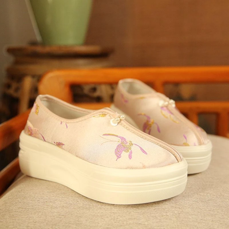 新中式国风松糕厚底增高古风汉服鞋子绣花缎面素雅搭马面古装单鞋