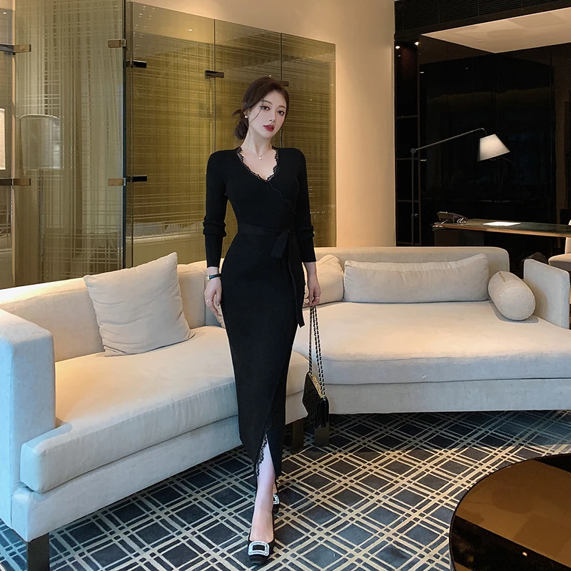 【现货清仓】【缠心裙】V领蕾丝拼接修身连衣裙