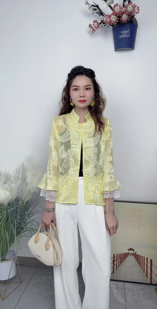 2025新中式国风提花七分袖盘扣簿纱防晒衣