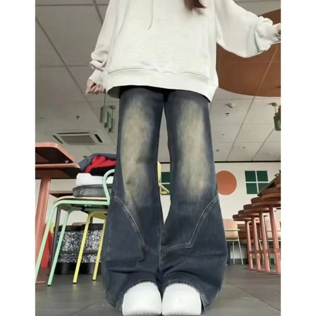 049美式复古水泥灰微喇牛仔裤女新款高腰百搭不贴腿喇叭裤阔腿裤