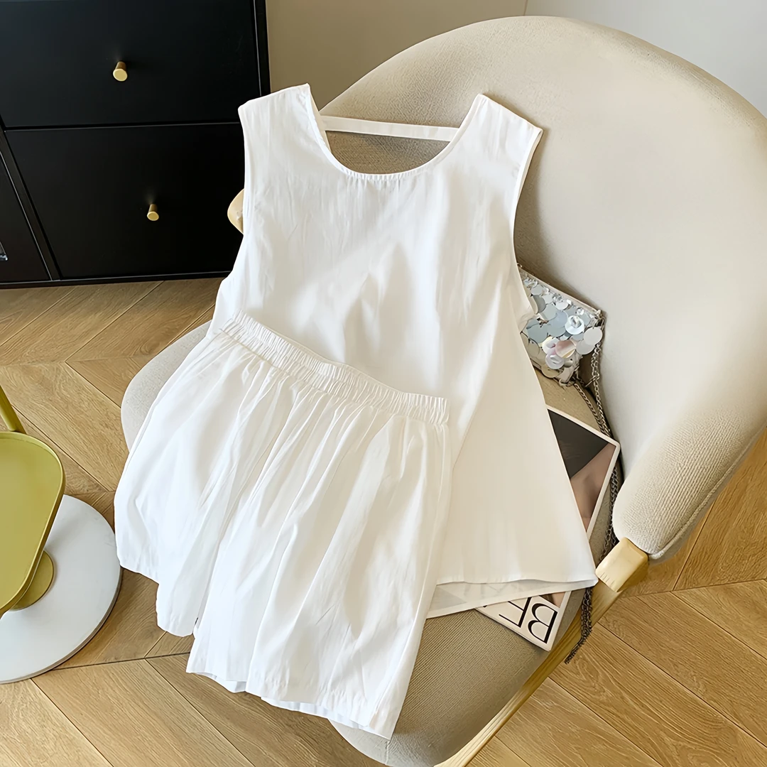 SM潮流韩版后背镂空无袖上衣短裤休闲套装女时尚洋气减龄两件套