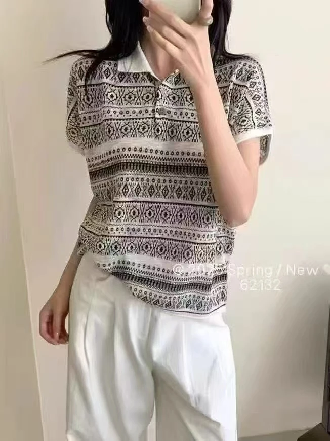 【小众设计感】复古提花翻领短袖T恤女2025夏季新款宽松上衣 Q1831