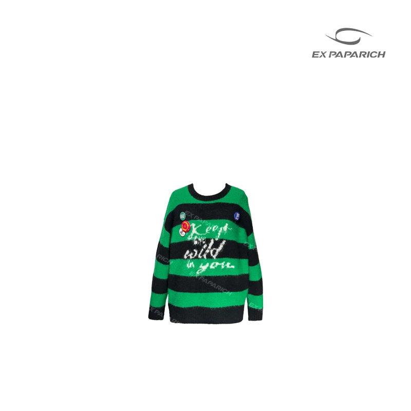 EXPAPARICH 黑绿撞色字母条纹羊驼套头衫