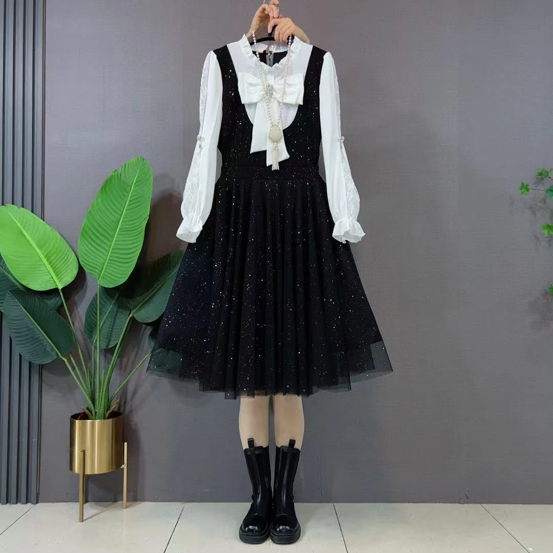 欧货胖妹妹季新款法式绝美大码女装蝴蝶结撒星气质洋气遮肉连衣裙