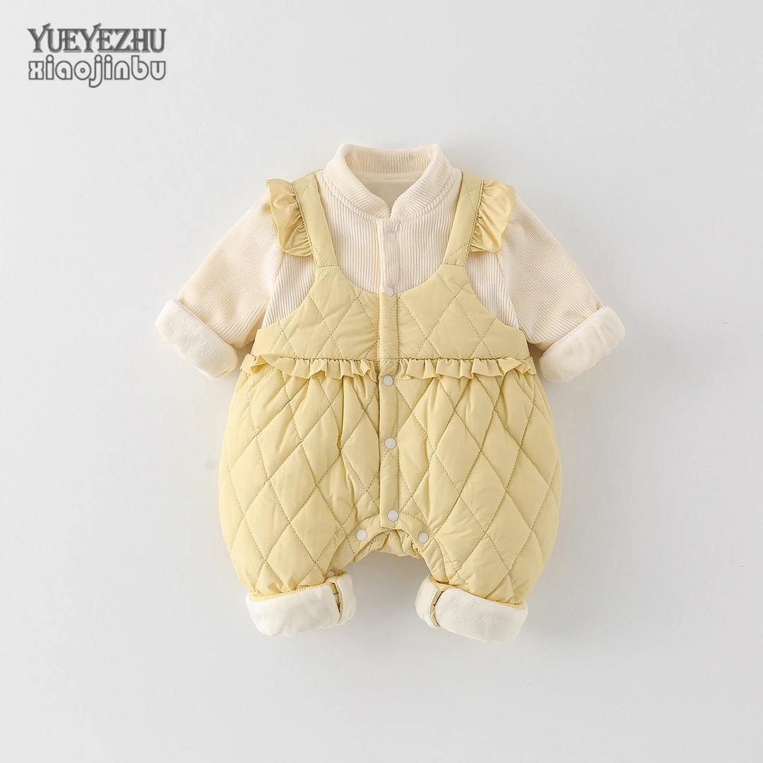 婴儿加绒连体衣深秋装女宝宝公主衣服秋冬洋气假两件薄棉哈衣外穿