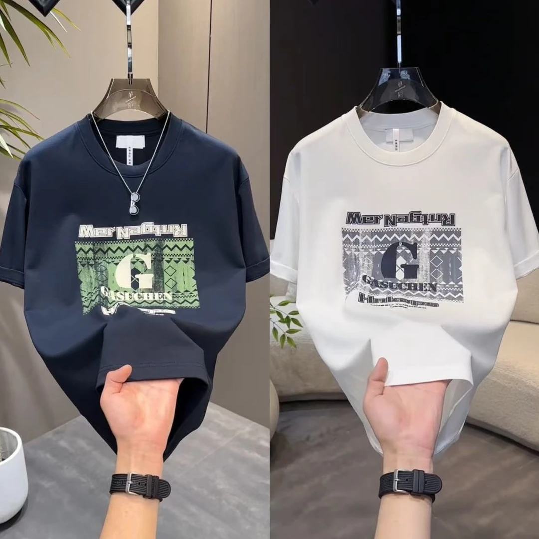 2025夏季新款匹马棉时尚潮流印花图案休闲百搭上衣短袖