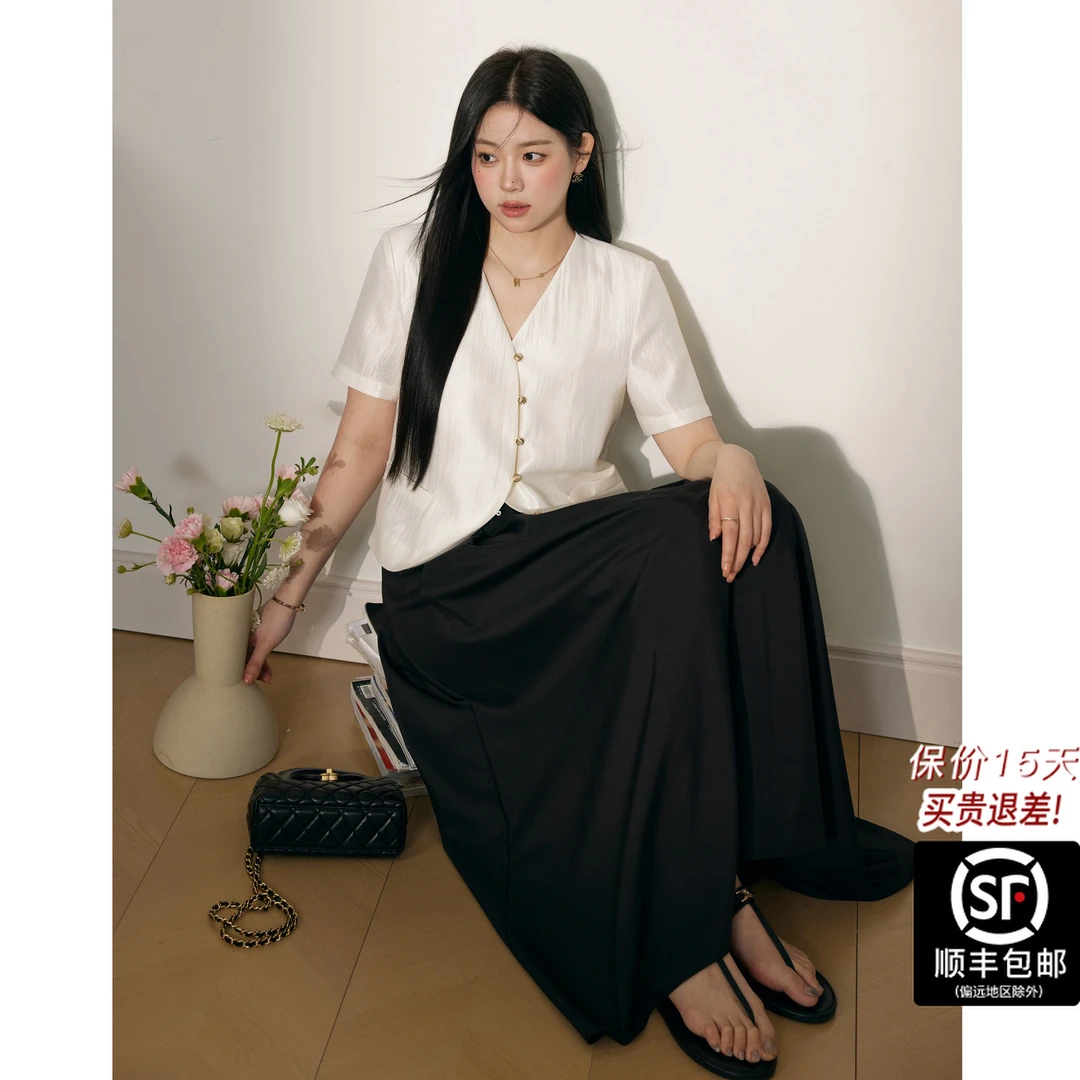 蓝语大码女装胖mm小香风气质短袖衬衫黑色半身裙夏遮肉套装13891
