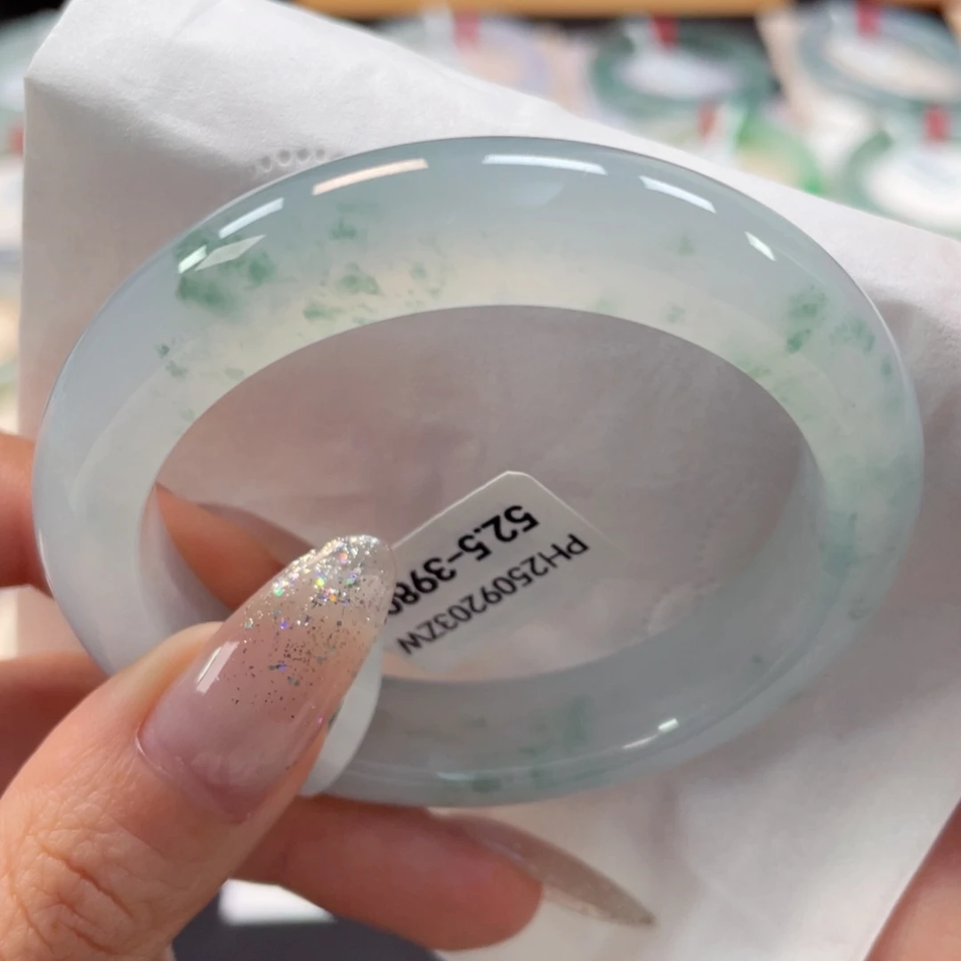 未镶嵌手镯翡翠52.5冰胶胶荔枝肉飘绿碎花23号