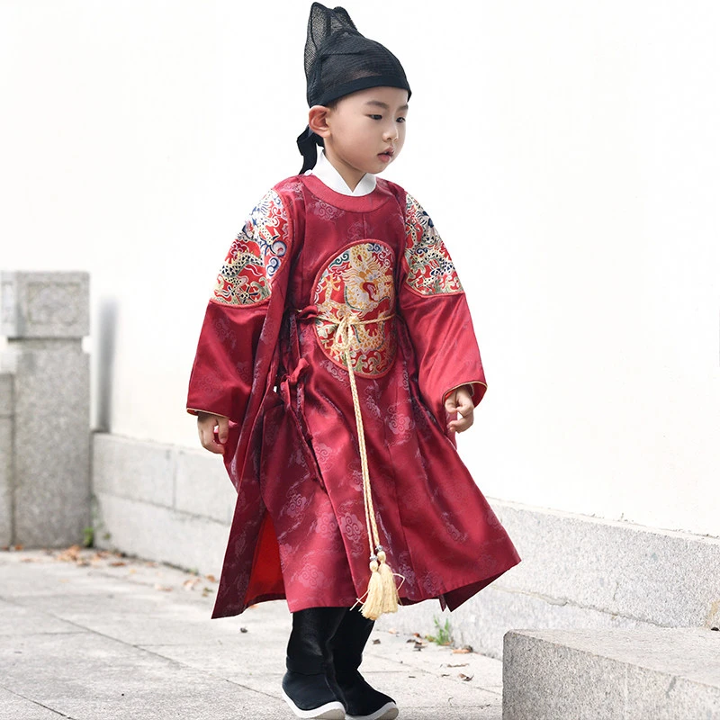 汉服男童高端明制圆领袍中大童古装蟒袍少爷服小男孩儿童演出服男
