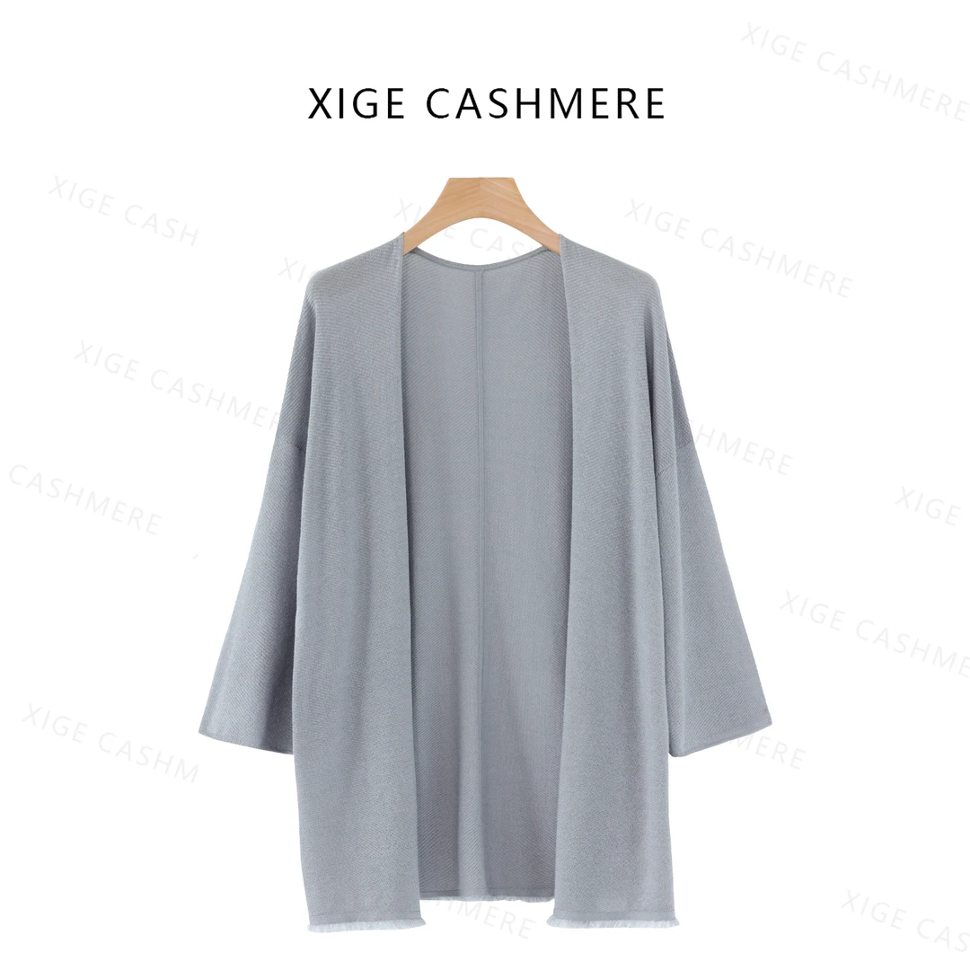 沿海【淡页】喜歌 女士精纺68支简约宽松长袖针织蚕丝羊绒开衫 8007