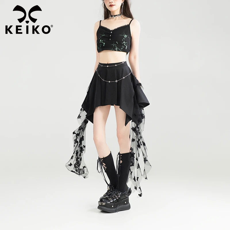 KEIKO 酷飒轻纱拼接不规则半身裙夏日出游灵动蝴蝶小碎花百褶短裙