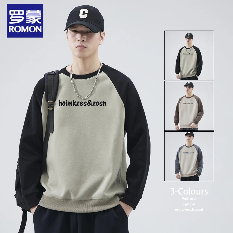 罗蒙圆领卫衣男士春季2025新款插肩印花长袖休闲百搭宽松潮流上衣