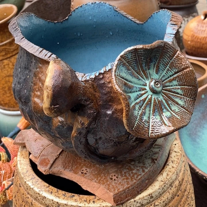 紫砂花盆高18口20手工无孔