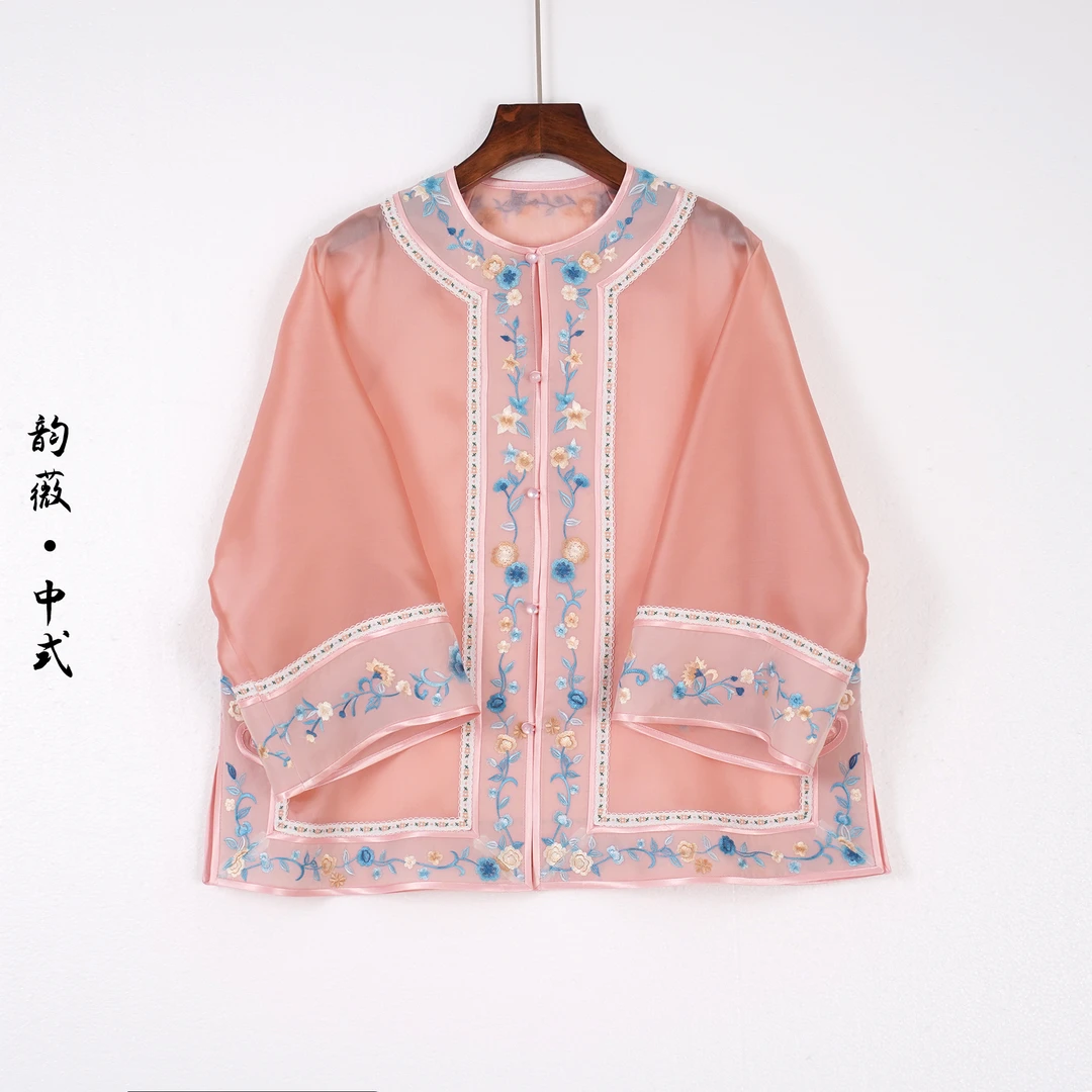 桑蚕丝女士上衣中国风传统国风中式对襟手推绣纱衣