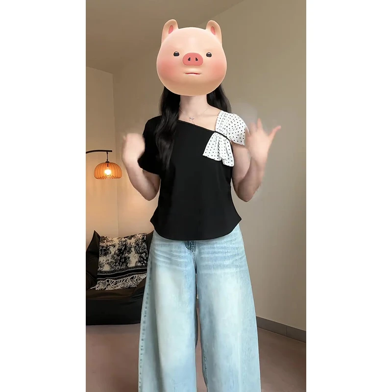 设计感蝴蝶结T恤大码上衣女夏装款胖MM遮肉显瘦斜领露肩短袖小衫