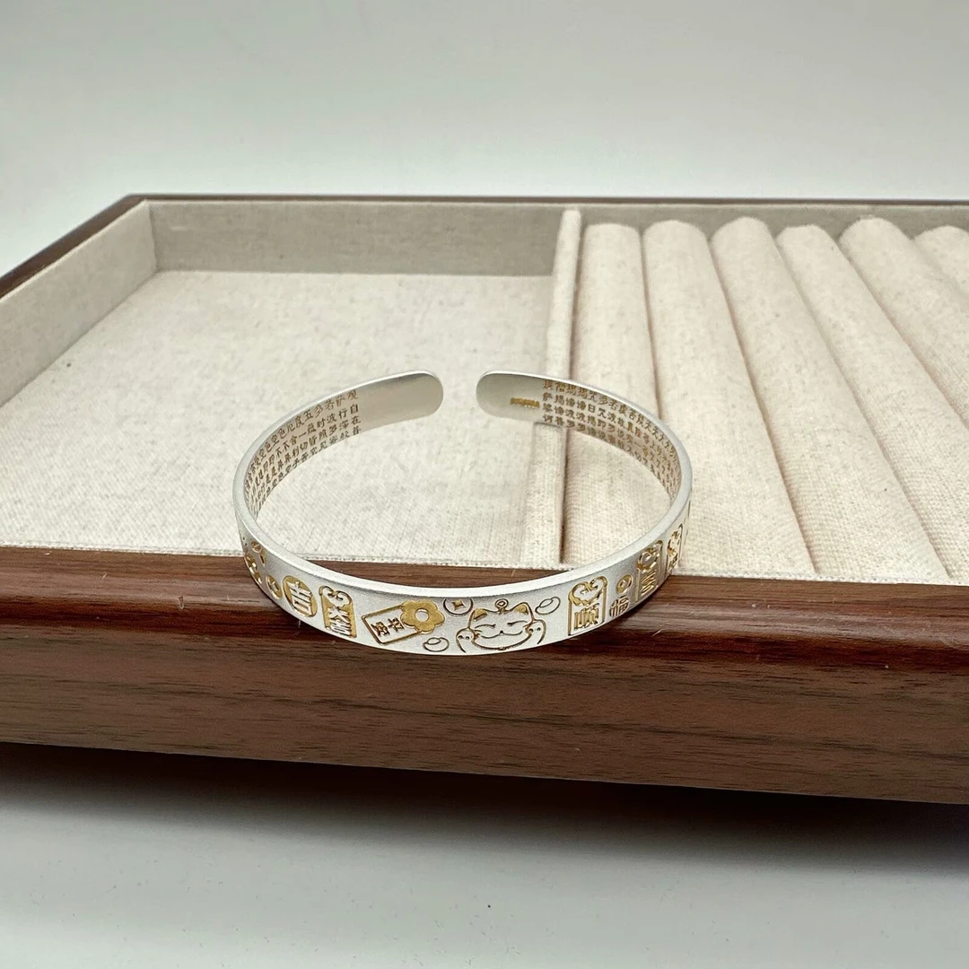 足银手镯 八禧传承银坊 招财猫吉言鎏金手镯 足银999.9描金手镯