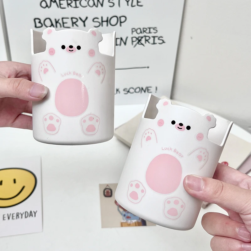 创意二合一可爱小熊桌面笔筒手机支架收纳盒圆筒圆柱形文具收纳