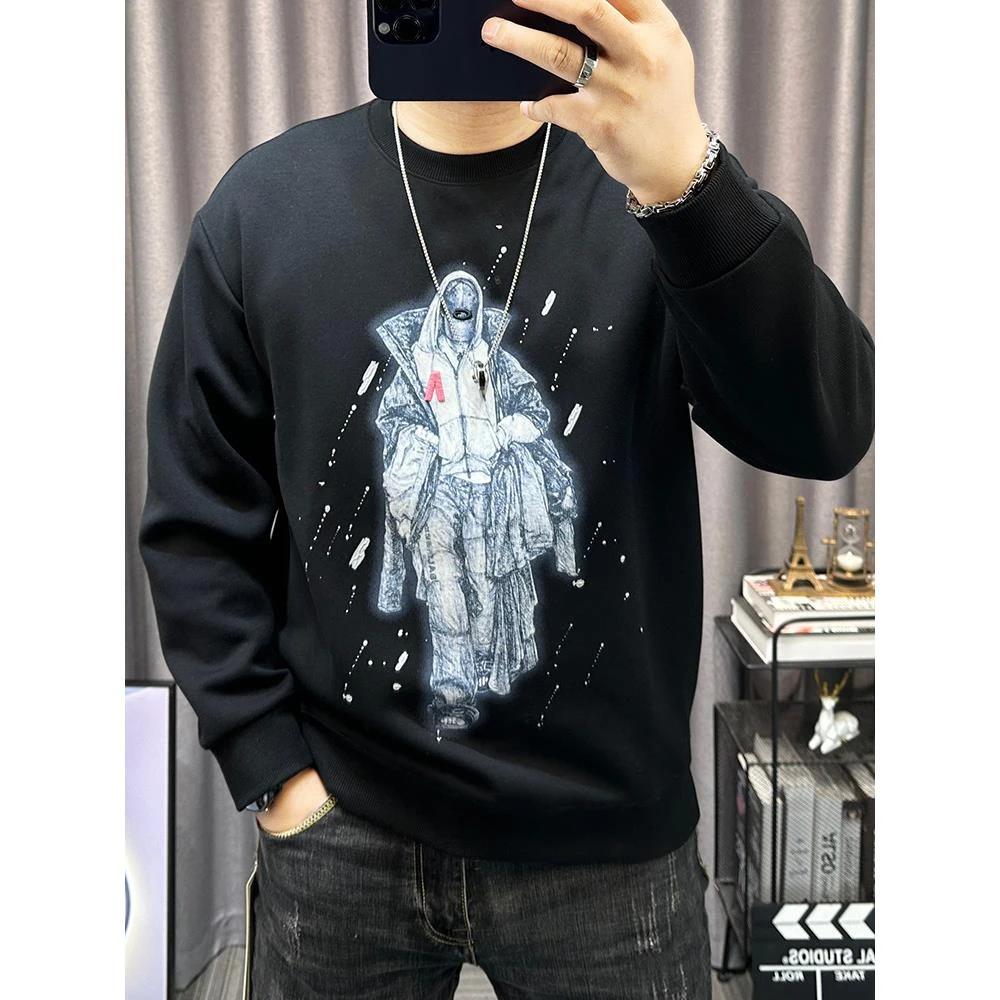 2025秋冬新款潮流卡通印花卫衣男士休闲圆领套头长袖百搭打底衫男