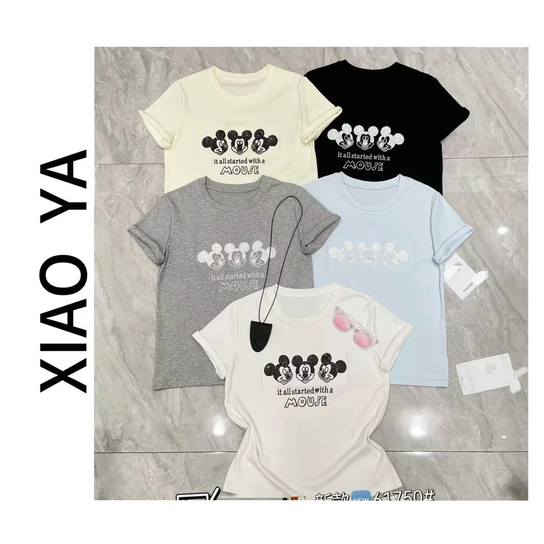 61750夏季新款圆领显瘦字母刺绣亮片米奇百搭T恤
