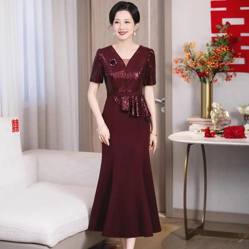 高端中年喜婆婆喜妈妈连衣裙高档长款婚宴礼服鱼尾裙子夏装新款