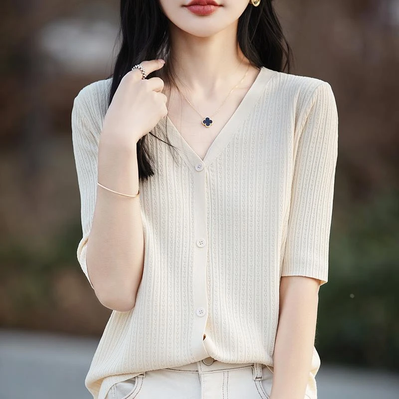 杜拉妮夏薄新款百搭短袖针织开衫女外套防晒衣V领宽松短款半袖T恤