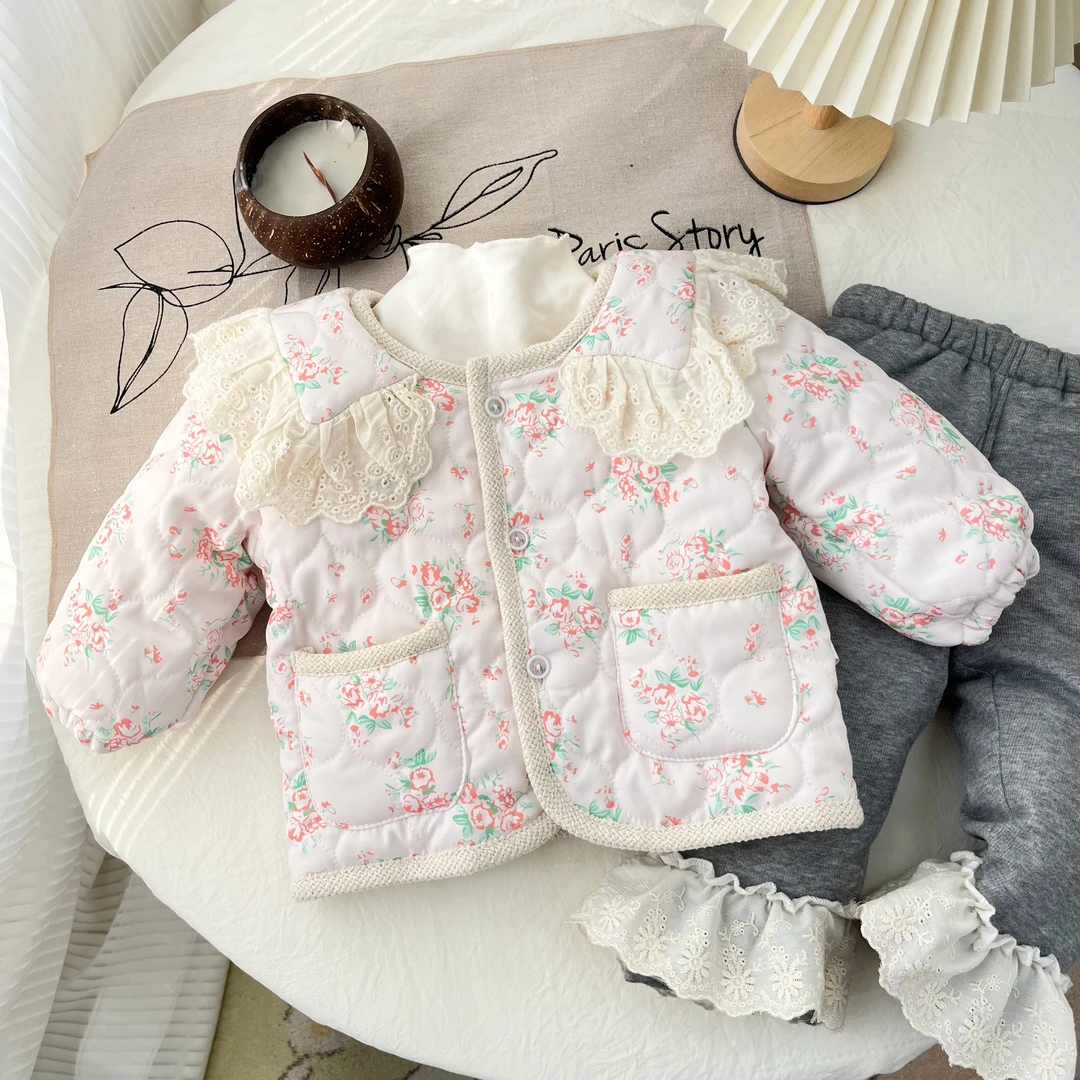 女童秋冬娃娃蕾丝领碎花加绒加厚款碎花公主风厚款棉服ZY-J-D29