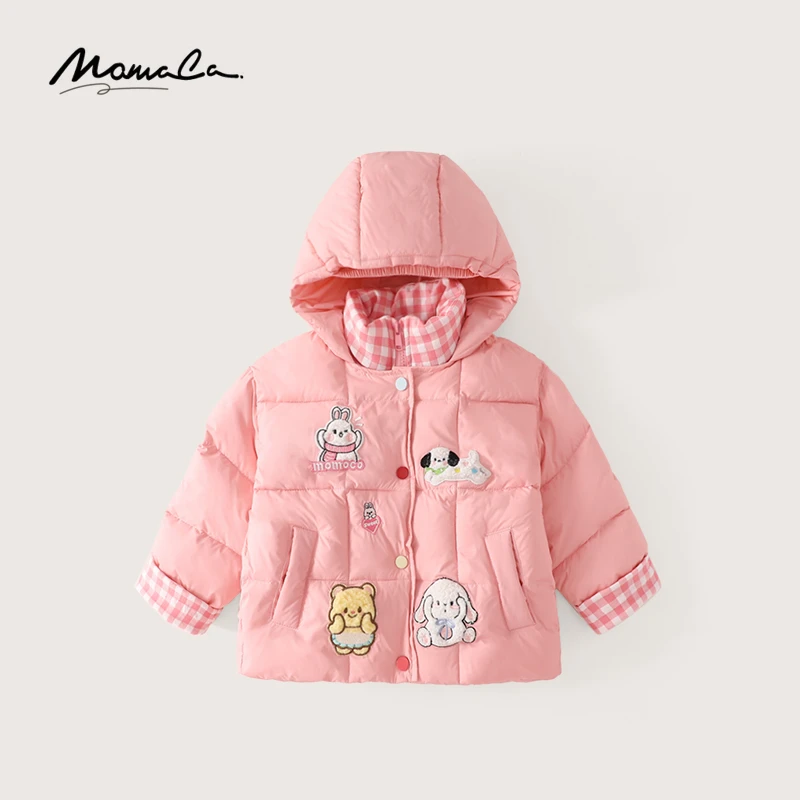 MOMOCO冬季新款女童时尚粉色格子假两件棉服保暖外套75880101016