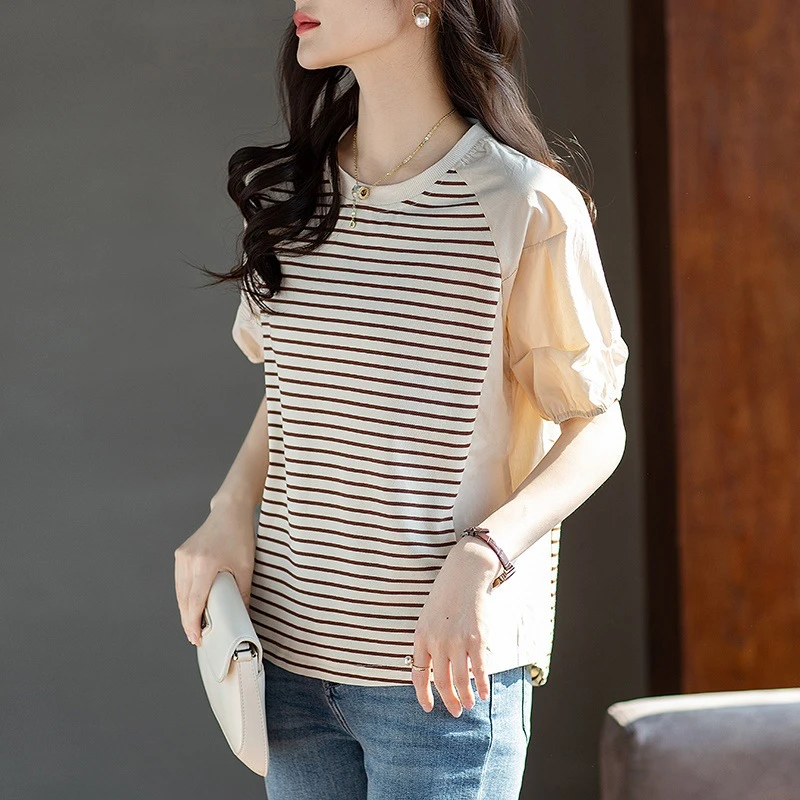 条纹短袖T恤女夏季2025新款时尚洋气拼接宽松显瘦圆领灯笼袖上衣