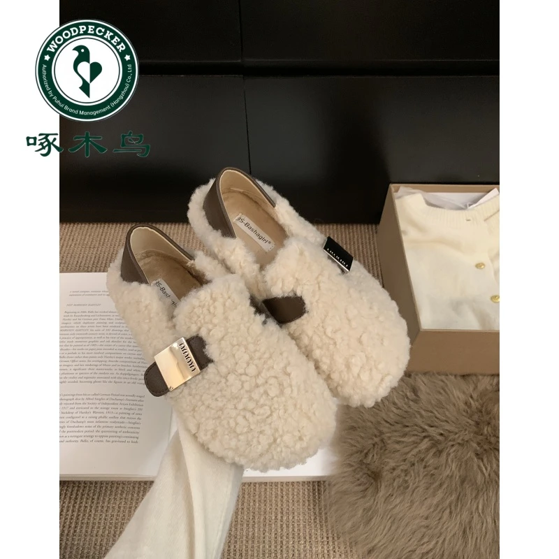 啄木鸟毛毛鞋女2025秋冬新款韩版复古百搭一脚蹬豆豆鞋女加绒棉鞋