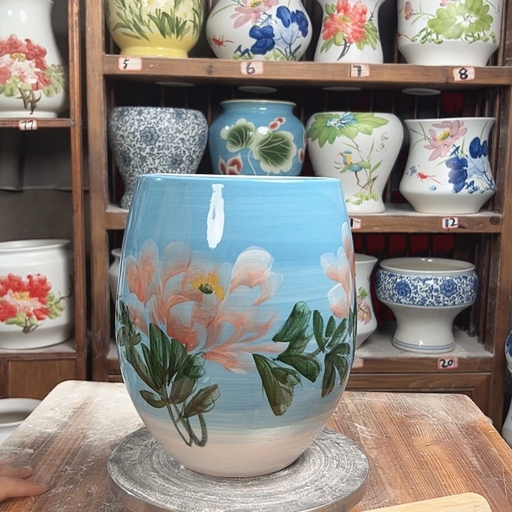 陶瓷但盆油画牡丹老头新款新款陶瓷陶瓷