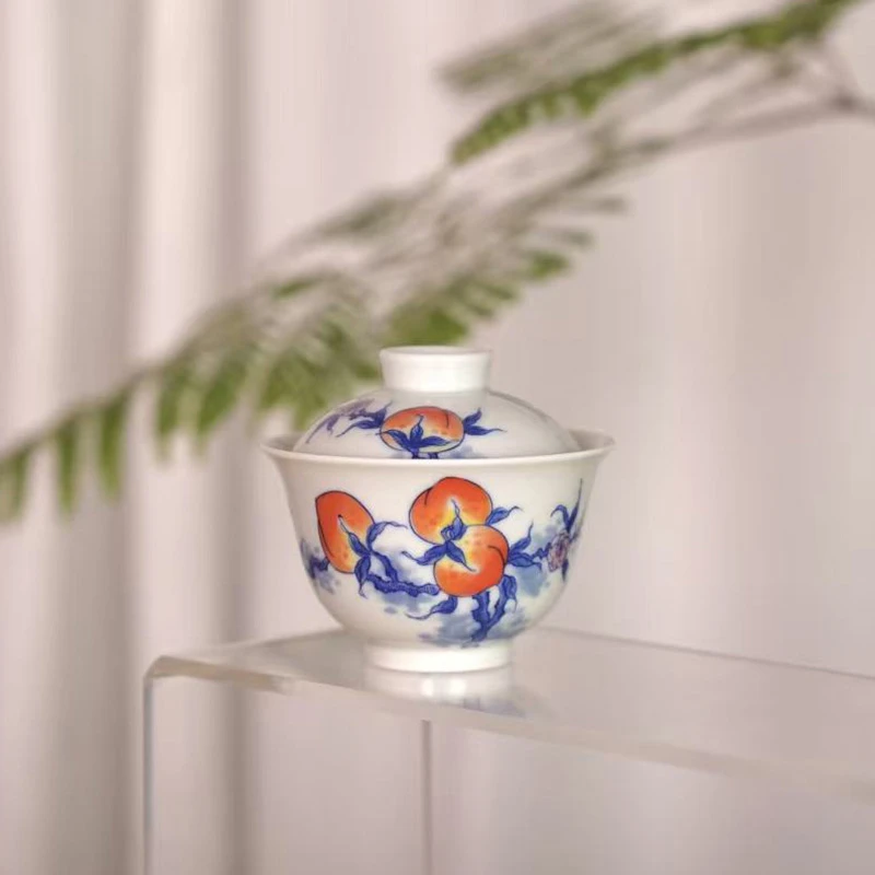全手工手绘陶瓷青花大号盖碗茶具仿古景德镇釉下五彩复古瓷盖碗
