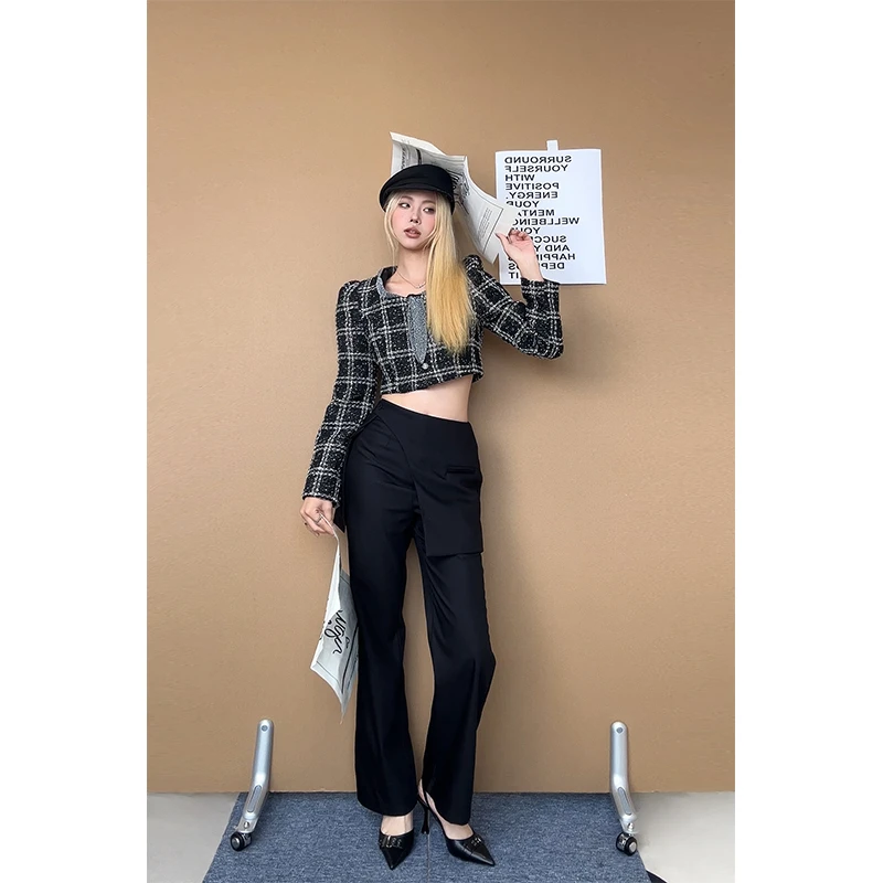 2025秋季新款时尚洋气减龄小香风短款长袖上衣高腰百搭显瘦休闲裤