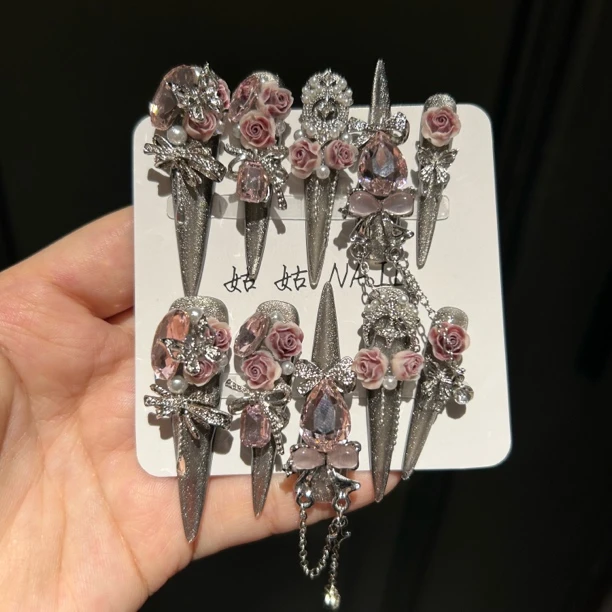 粉龙5.0重工辣妹风纯手工穿戴甲新款手工甲片穿戴美甲