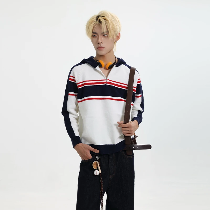 CDDR慵懒风高级感半拉链撞色条纹针织衫宽松套头长袖上衣cleanfit