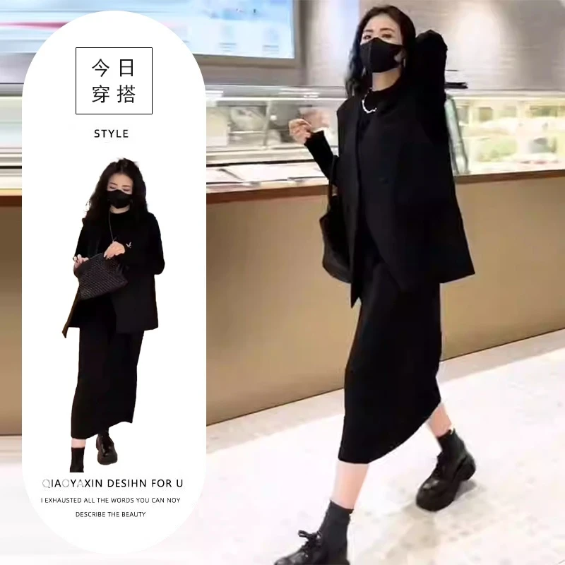 春秋大码休闲套装女韩版宽松直筒中长款长袖连衣裙西装马甲两件套